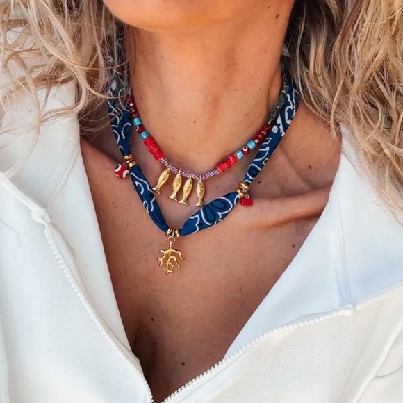 Beach themed charm bandana necklace, 2 piece set, fish necklace, scarf charm nec - Picture 2 of 3